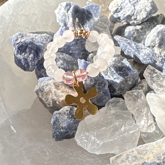 Pink and cherry Quartz beaded ring band/boho self love healing crystals - Picture 1 of 8